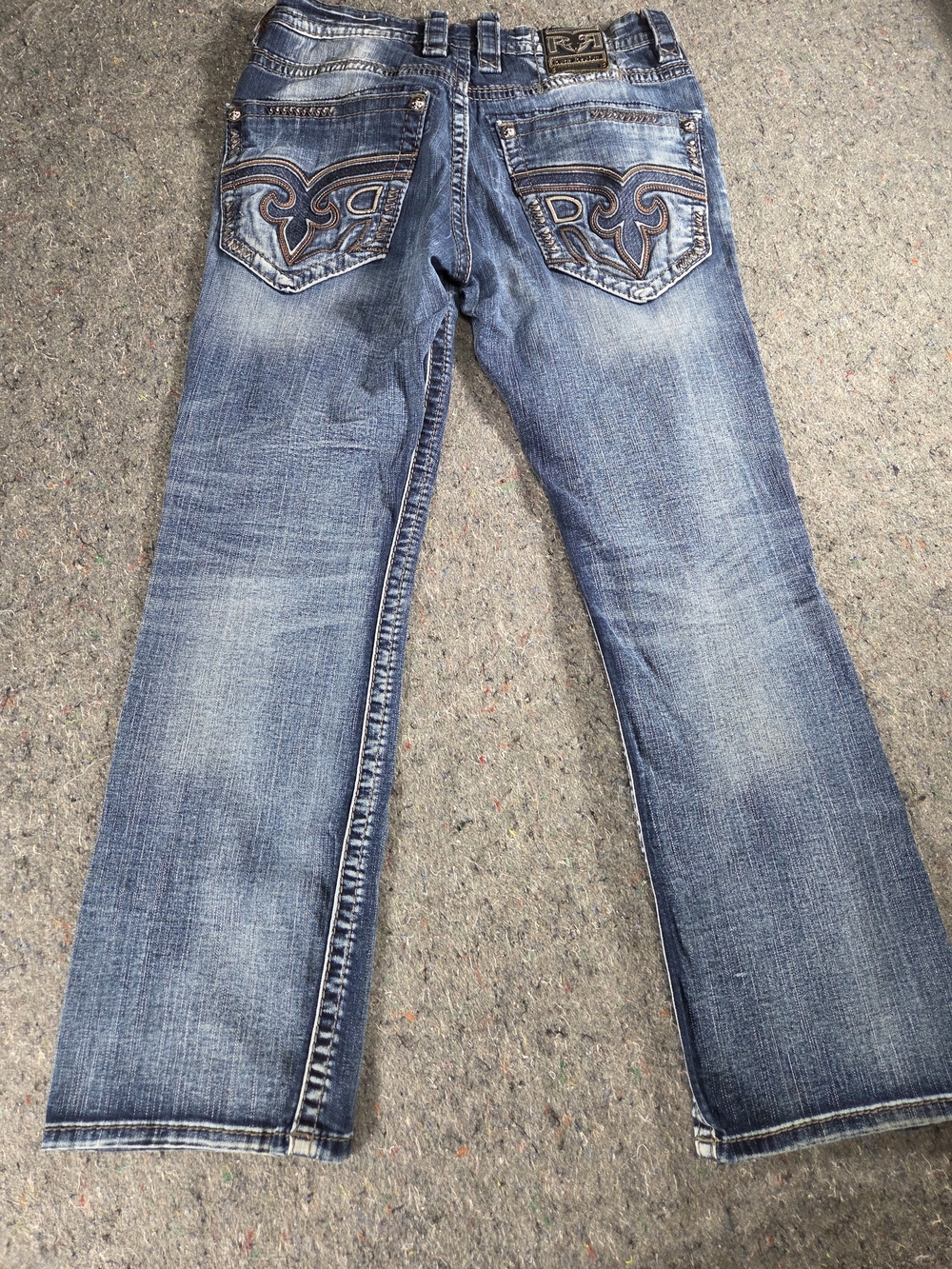 Rock Revival Matteson Men’s 34 Slim Boot Jeans Blue Distressed Embroidered 34x31